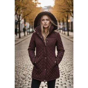 Calvin Klein Quilted Faux Fur Hood Jacket Brown SM Luxe Heritage Outerwear